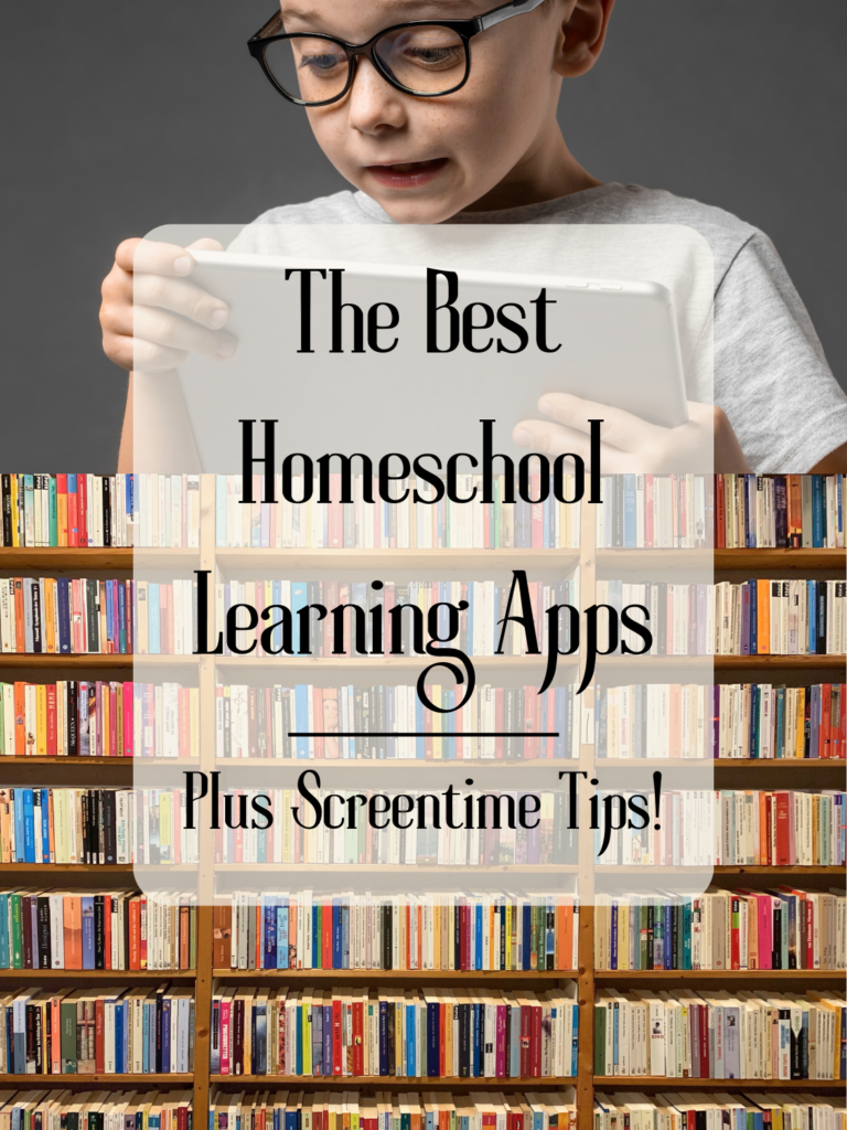 the best homeschool learning apps plus screen time tips. A boy holds an iPad, and a book shelf.